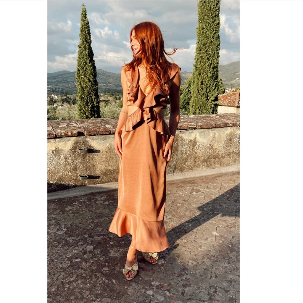 NWT SHOW ME YOUR MUMU Zoey Midi Dress in Copper Luxe Satin